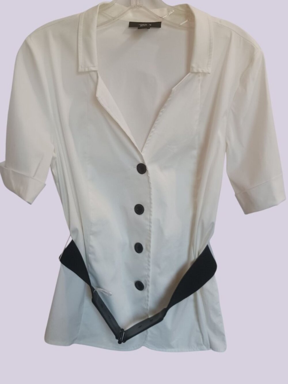 Alfani White Button-Down Blouse With Black Belt Short Sleeves Size 8 - Picture 2 of 9